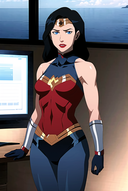 3978524532-3186012547-wonder woman, 1girl, female focus, solo, black hair, blue eyes, superhero,  gloves, makeup, lipstick, bodysuit, breasts, medium.png